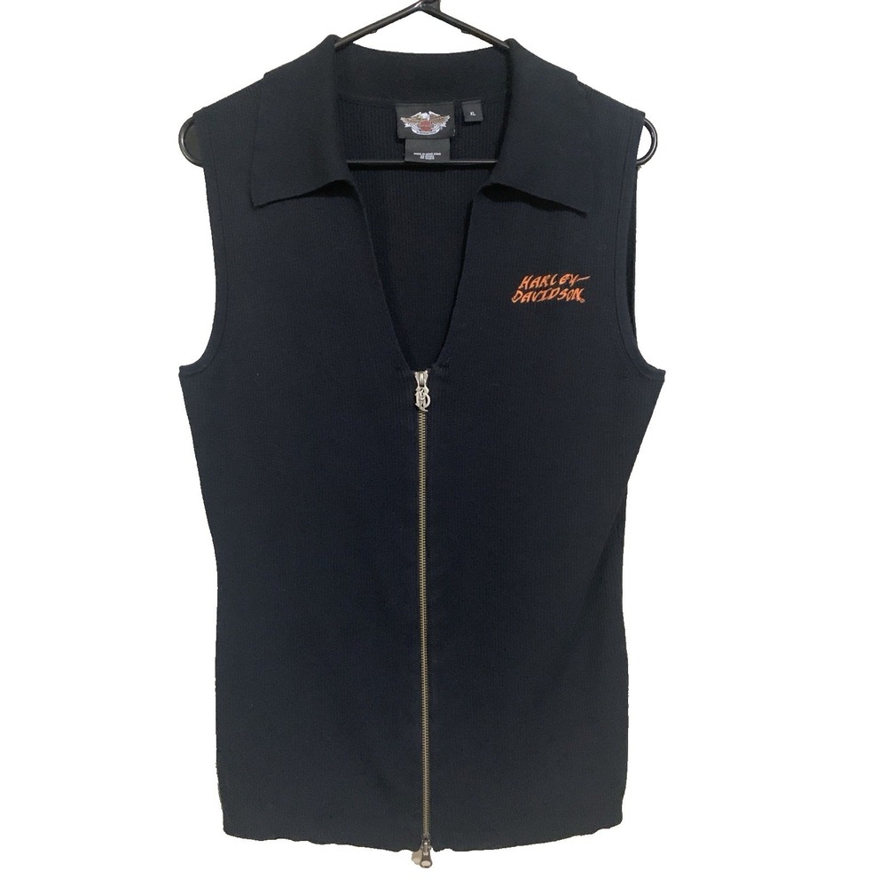 Harley Davidson Vest Women's XL Full Zip Sleeveless Sweater V Neck Black - Picture 2 of 16